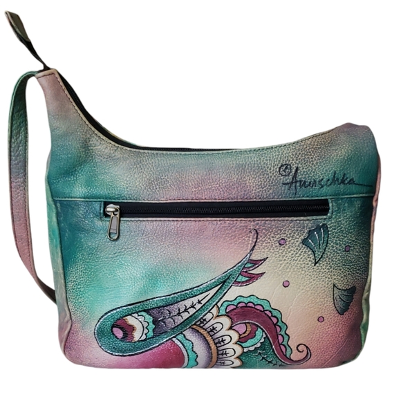 Anuschka Hand Painted Genuin Leather Hobo Shoulder Bag in Paisley Floral Print . - Picture 8 of 16